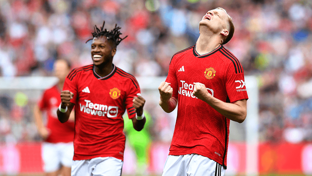 Donny van de Beek celebrates scoring for Manchester United
