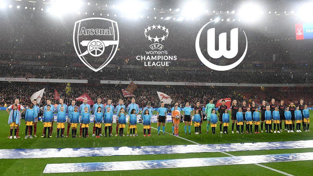 Arsenal v Wolfsburg in the Champions League. Teams line up with mascots at Emirates Stadium