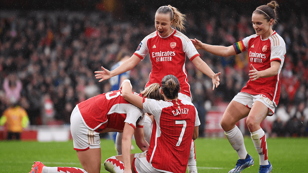 Arsenal Women celebrate scoring against Chelsea