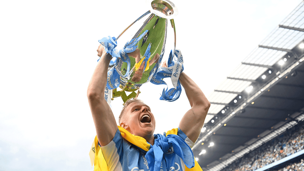 Oleksandr Zinchenko lifts the Premier League trophy